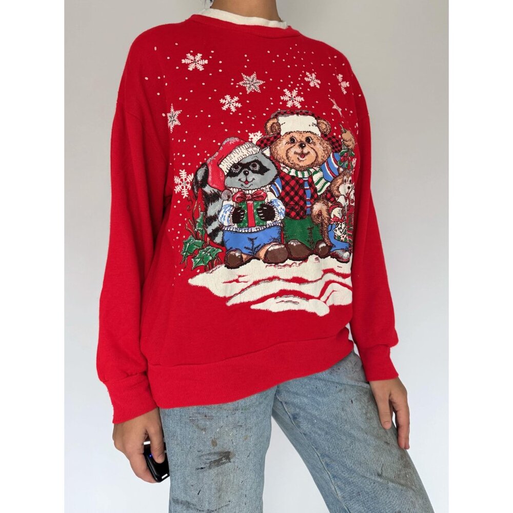 90s vintage red christmas festive holiday animal graphic pullover sweatshirt - Picture 6 of 8